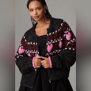 Anthropologie Pilcro Peace Love Icon Zip-up Sweater Black Pink Sz 1X